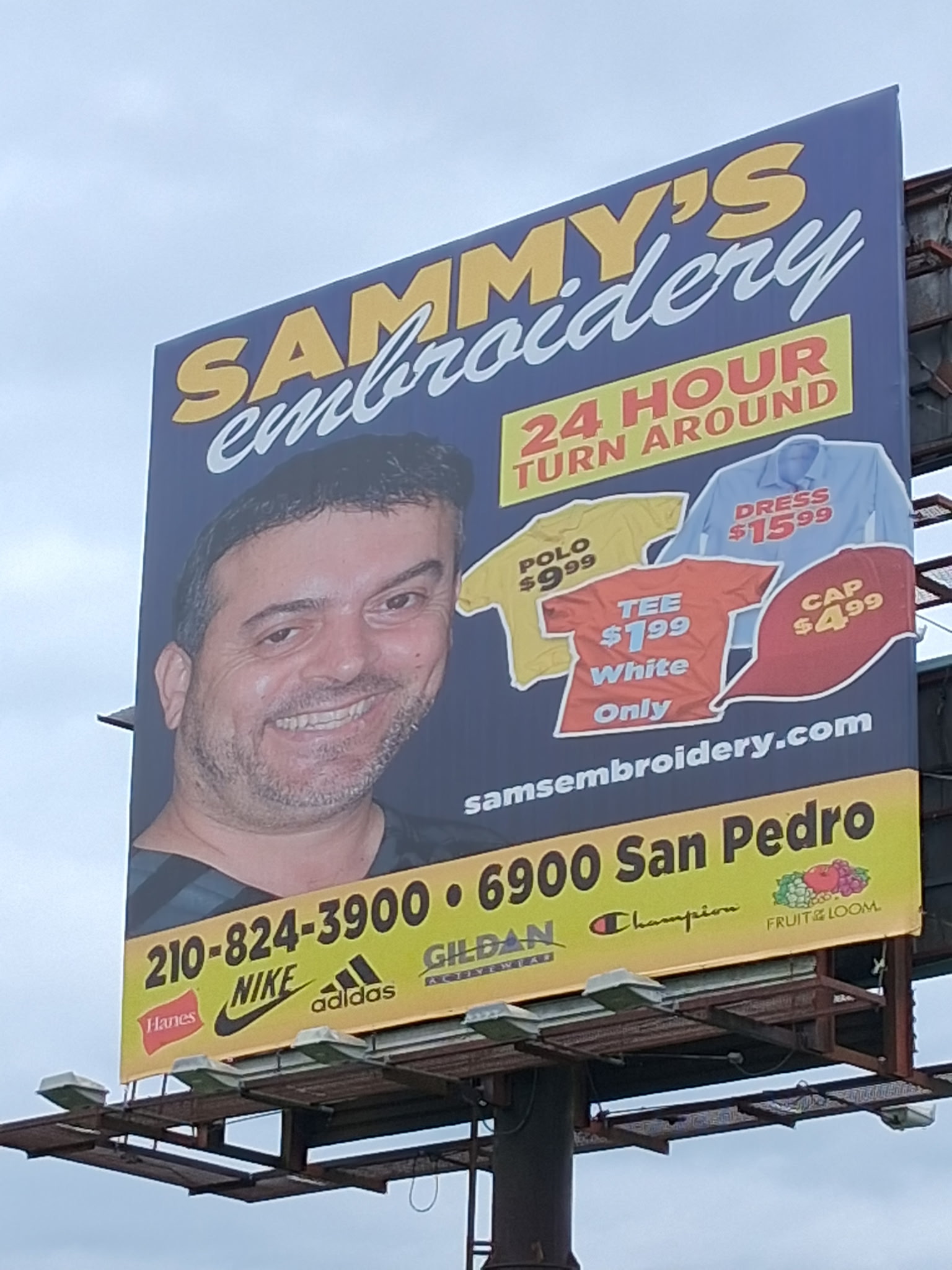 Sam's Embroidery billboard in Floresville, TX